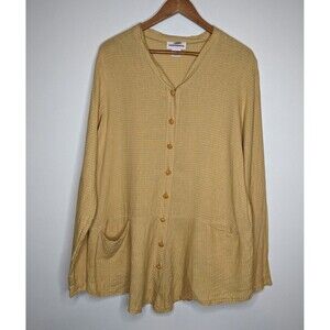 Solitaire Boutique Peplum Long Sleeve Button Front Linen Tunic Blouse XL Yellow